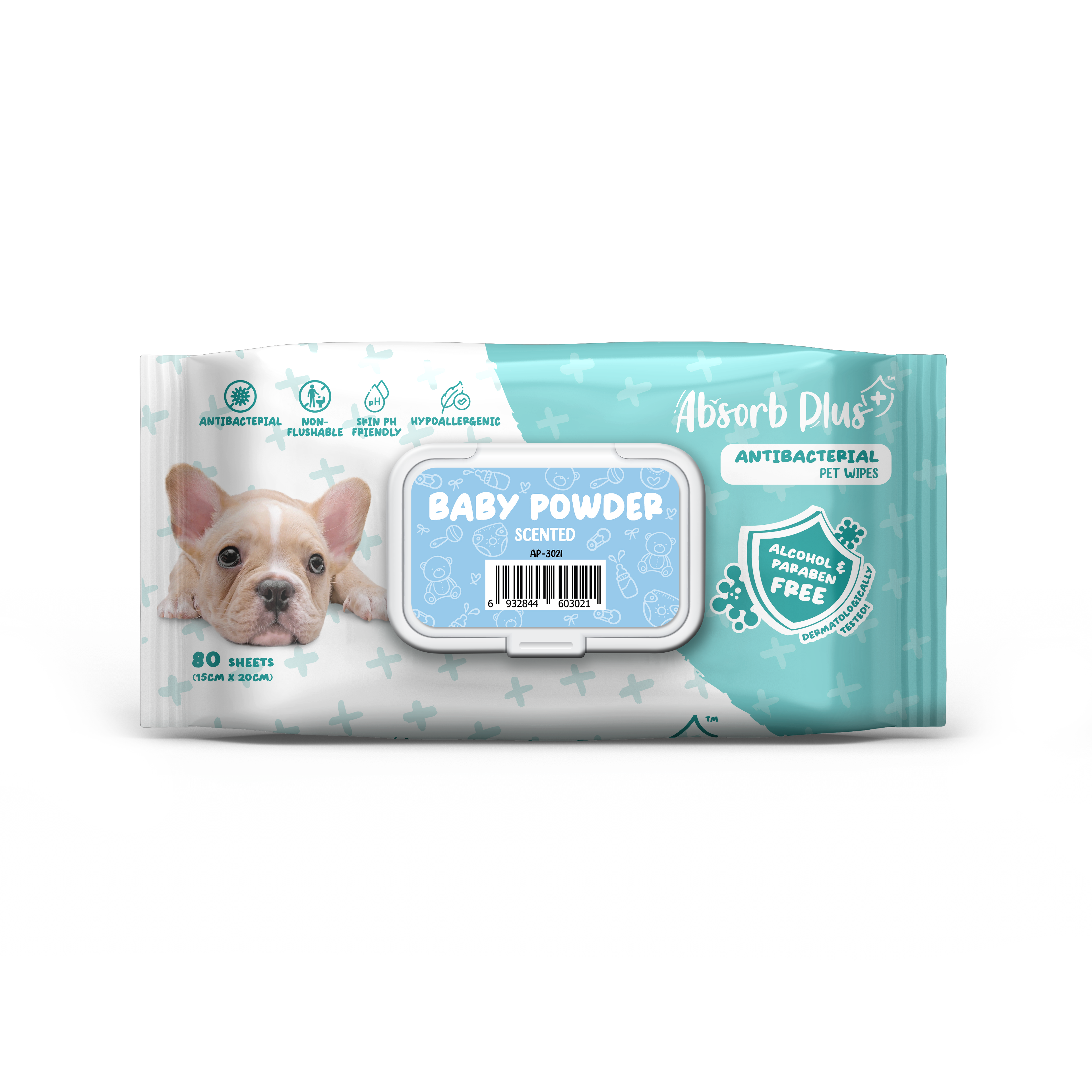 Absorb Plus AntiBacterial Pet Wipes 80pcs (BabyPowder)