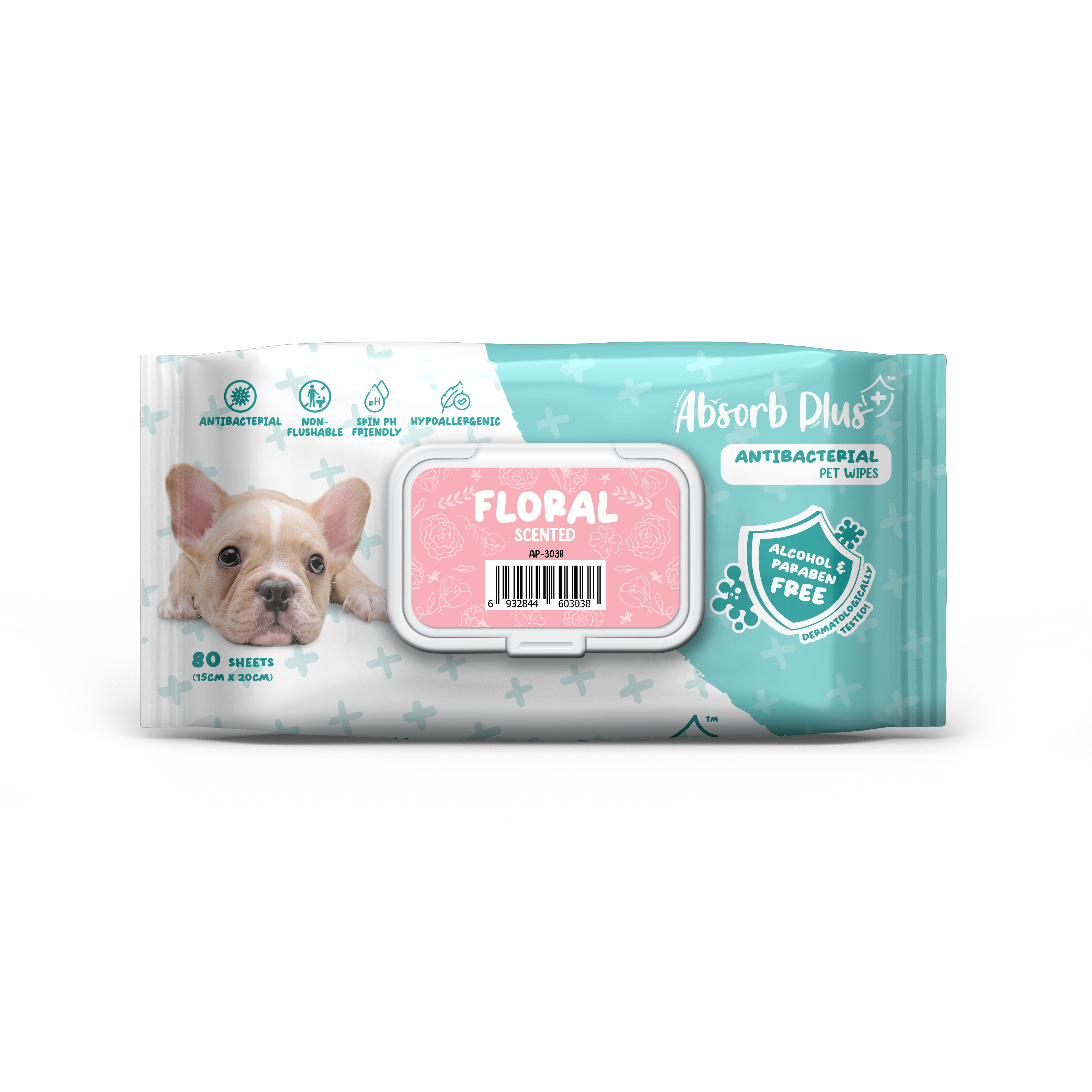 Absorb Plus AntiBacterial Pet Wipes 80pcs (Floral)